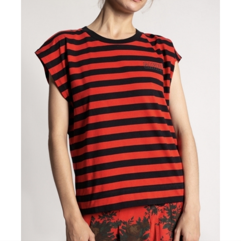 Ganni Red and Black Striped Short Sleeve Tee